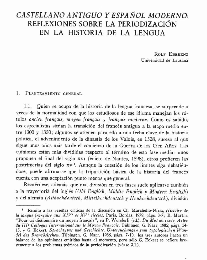 Screenshot der ersten Seite des Artikels "Castellano antiguo y español moderno: reflexiones sobre la periodización en la historia de la lengua" von Rolf Eberenz in der Revista de Filología Española 1991
