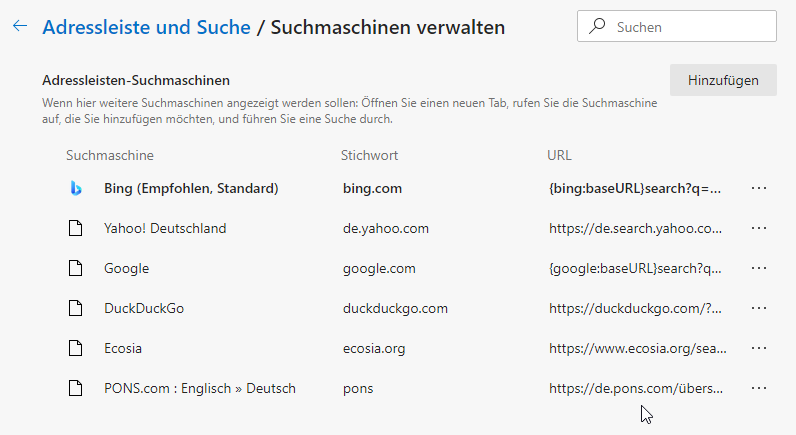 Screenshot von Browser-Suchmaschinen: Beispiel Edge, Pons