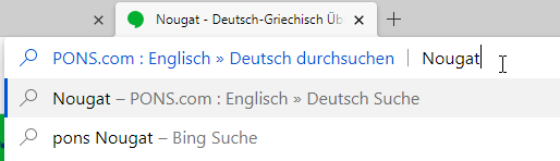 Screenshot von Browser-Suchmaschinen: Beispiel Edge, Pons