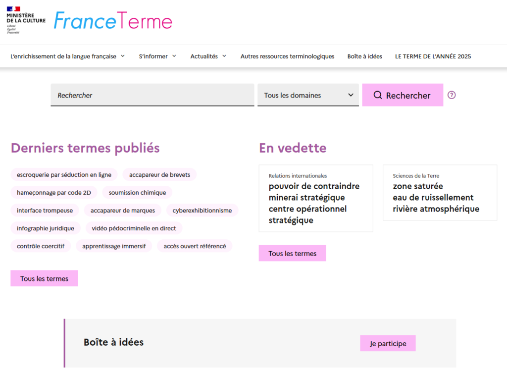 Screenshot der Startseite von FranceTerme (https://www.culture.fr/franceterme) (Stand 20.1.2026)