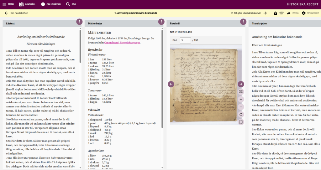 Screenshot eines Rezepts zur Herstellung von Branntwein in der Sammlung "Historika Recept" (https://historiskarecept.sls.fi/sv/collection/1088/text/77151?views=(type:readingtext,uid:v1),(type:legend,uid:v2),(type:facsimiles,uid:v3,id:41309,nr:5),(type:manuscripts,uid:v4)) (Stand 27.8.2026)