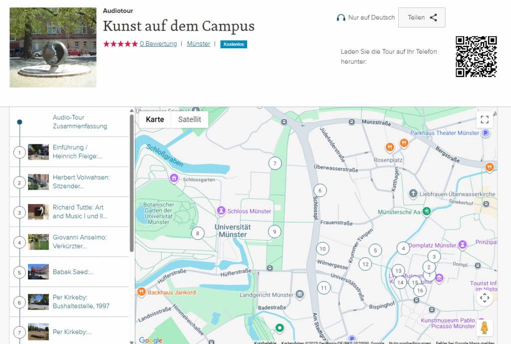 Screenshot der Startseite zur Audio-Tour "Kunst auf dem Campus" der Uni Münster (https://izi.travel/de/browse/68735bed-dfa6-46f7-af61-ffa03dc9d852) (Stand 8.10.2025)