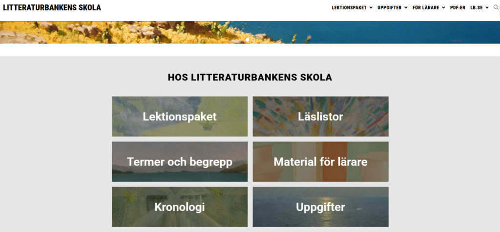 Screenshot der Startseite der "Litteraturbankens Skola" (https://litteraturbanken.se/skolan/) (Stand 27.7.2026)