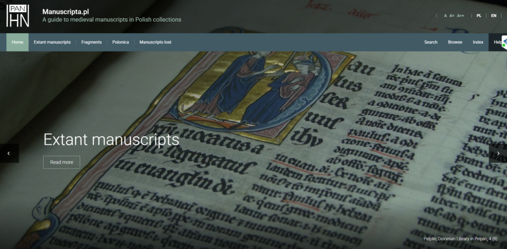 Screenshot des Headers der englischen Startseite von Manuscripta.pl (https://manuscripta.pl/en/) (Stand 9.12.2025)