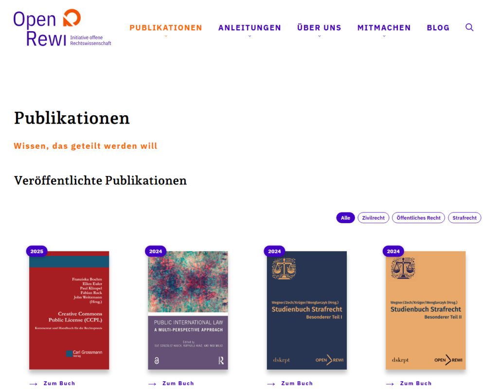 Screenshot der Publikationen-Seite von OpenRewi (https://openrewi.org/publikationen/) (Stand 14.10.2026)