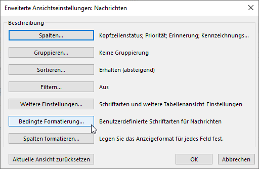 Screenshot Outlook: bedingte Formatierung