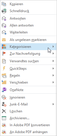 Screenshot Outlook: Auswahl einer Kategorie nach Maus-Rechtsklick
