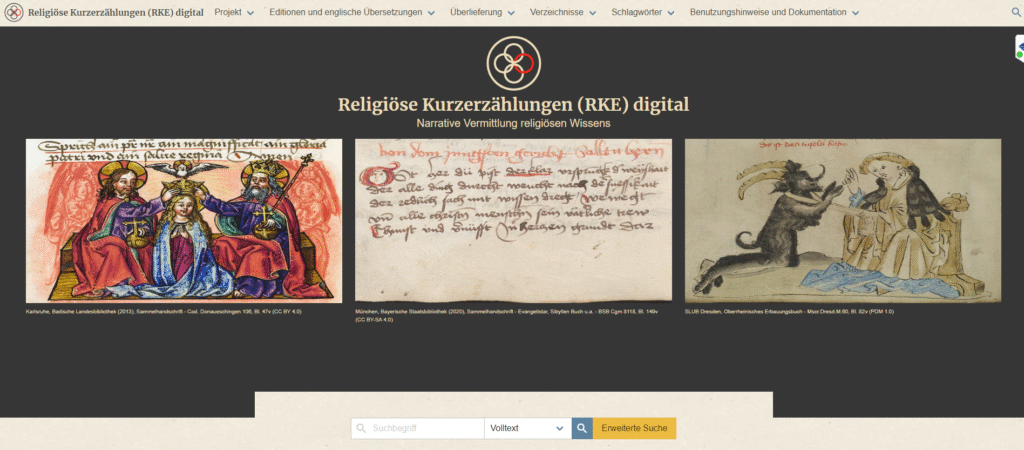 Screenshots der Website "Religiöse Kurzerzählungen (RKE) digital" (https://rke-digital.de/) (Stand 21.2.2025)