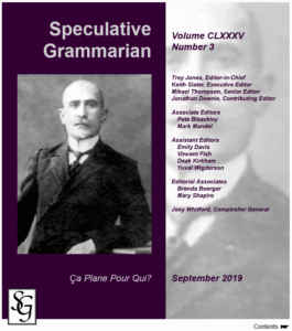 Cover der Ausgabe 9/2019 der "Speculative Grammarian" (http://specgram.com/CLXXXV.3/)
